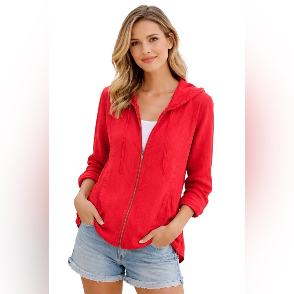Sigrid Olsen 100% Linen Light Red Zip Hoodie Jacket Size Small